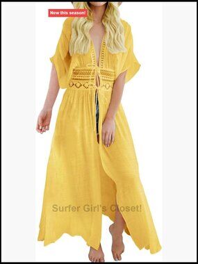 Womens Long Lace Cover Up Sheer Bikini Kimono Tie Front Swimsuit Beachwear
